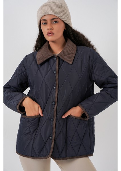 Kadın Kapitone Oversize Mont 5226 - Lacivert Kahve