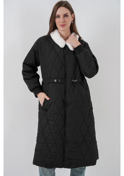 Kadın Kapitone Uzun Şişme Mont 5221 - Siyah