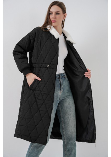 Kadın Kapitone Uzun Şişme Mont 5221 - Siyah modelleri