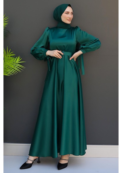 Saten Kemerli Elbise Zümrüt