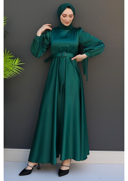 Saten Kemerli Elbise Zümrüt fiyatları