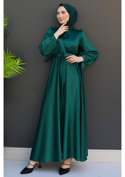 Saten Kemerli Elbise Zümrüt modelleri