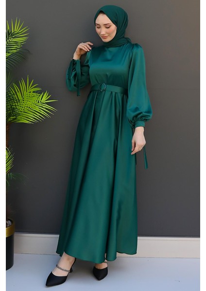 Saten Kemerli Elbise Zümrüt fırsatları