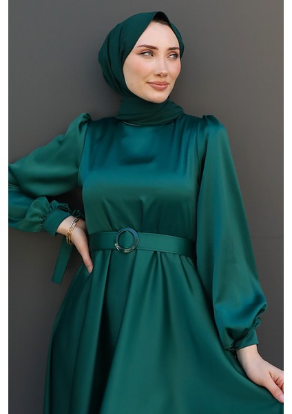 Saten Kemerli Elbise Zümrüt indirimleri