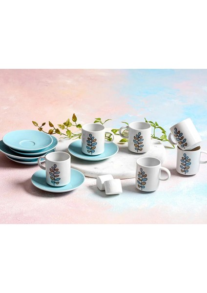 Heyf Porland Wisteria Turkuaz 6 Kişilik Kahve Takımı