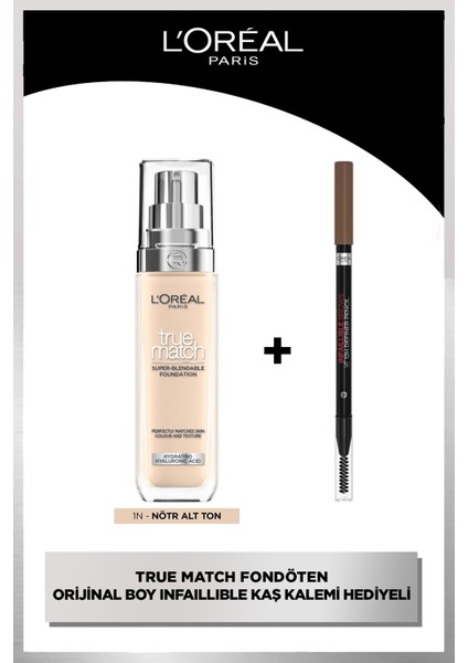 true Match Bakım Yapan Fondöten - 1n Nötr Alt Ton Kapatıcı & L'oréal Paris Infaillible Definer Pencil - 03 Brunette