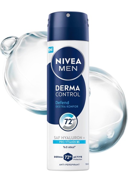 Nıvea Men Erkek Sprey Deodorant Derma Control Defend 150 Ml, 72 Saat Anti Perspirant Koruma, Tahrişe Karşı Koruma,hyaluronik Asit, Pro Vitamin B5,alkolsüz Formül