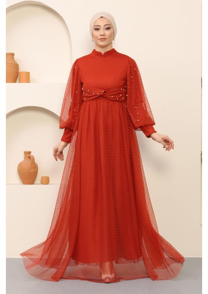 Inci Detaylı Tül Abiye Kiremit MSW12238-4