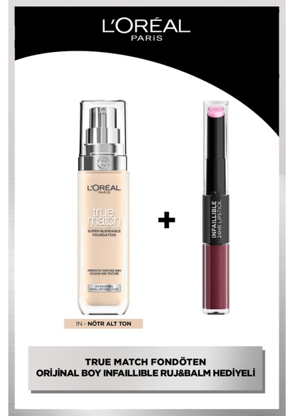 true Match Bakım Yapan Fondöten - 1n Nötr Alt Ton Kapatıcı + Infaillible Likit Ruj & Balm - 215 Wine Oclock