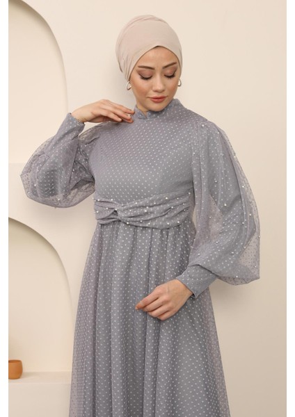 Inci Detaylı Tül Abiye Gri MSW12238-5 fiyatları