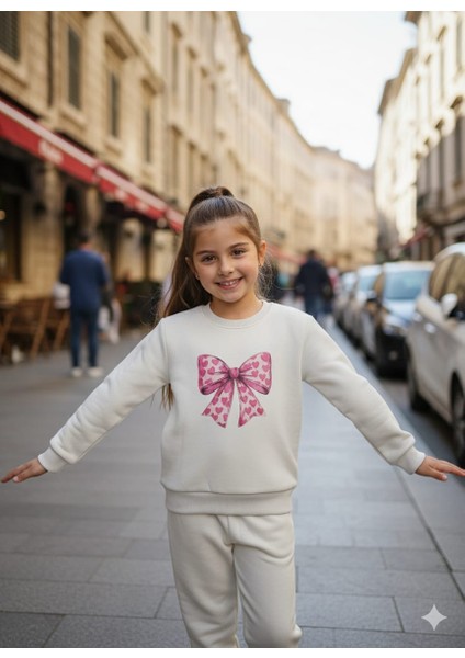 Kız Çocuk 3 Iplik Içi Şardonlu Alt Üst Eşofman Takımı Kurdele Baskılı