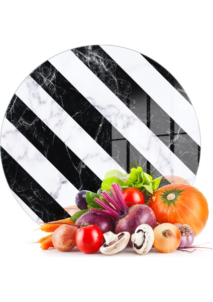 Cam Kesme Tahtası ve Sunumluk Yuvarlak Çarpraz Siyah Beyaz Mermer Desenli 30X30 cm