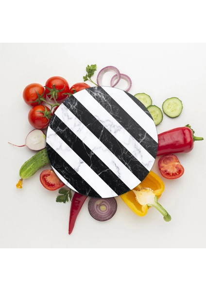 Cam Kesme Tahtası ve Sunumluk Yuvarlak Çarpraz Siyah Beyaz Mermer Desenli 30X30 cm modelleri