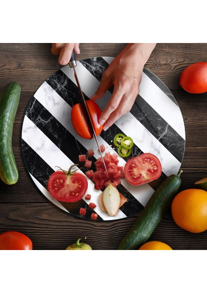 Cam Kesme Tahtası ve Sunumluk Yuvarlak Çarpraz Siyah Beyaz Mermer Desenli 30X30 cm fırsatları