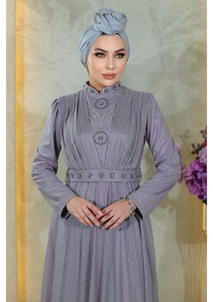 Taş Detaylı Göğsü Drapeli Simli Abiye Lila MSW19188-5 fiyatları