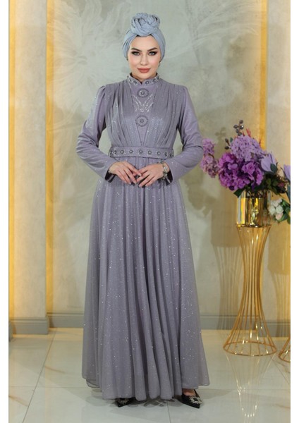 Taş Detaylı Göğsü Drapeli Simli Abiye Lila MSW19188-5 modelleri
