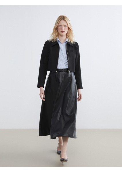 Yeni Sezon Beli Lastikli Deri Görünümlü Kloş Etek