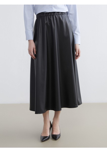 Yeni Sezon Beli Lastikli Deri Görünümlü Kloş Etek fiyatları