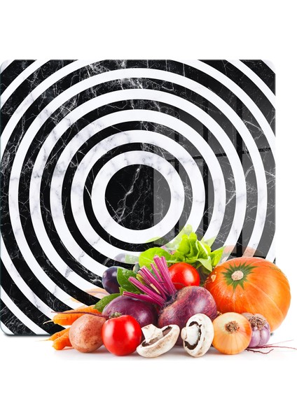 Cam Kesme Tahtası ve Sunumluk Kare Siyah Beyaz Mermer Desenli 30X30 cm