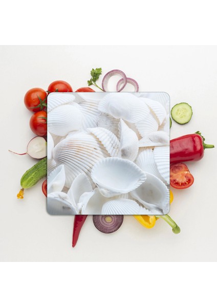 Cam Kesme Tahtası ve Sunumluk Kare Deniz Kabuğu Desenli 30X30 cm modelleri
