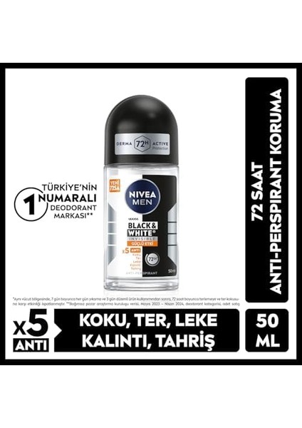 Nıvea Men Erkek Roll On Deodorant Black&white Invisible Güçlü Etki 50 Ml,72 Saat Anti-Perspirant Koruma