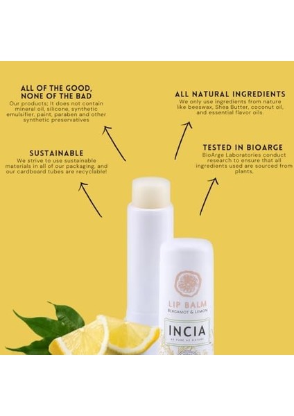 INCIA%100 Doğal Dudak Besleyici Bergamot & Limon Bitkisel Nemlendirici Dudak Bakım Kremi 6 G