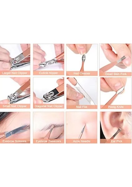 12 Parça Profesyonel Manikür Pedikür Seti, Paslanmaz Çelik Tırnak Bakım Seti, Rose Gold Taşınabilir Çantalı No:1