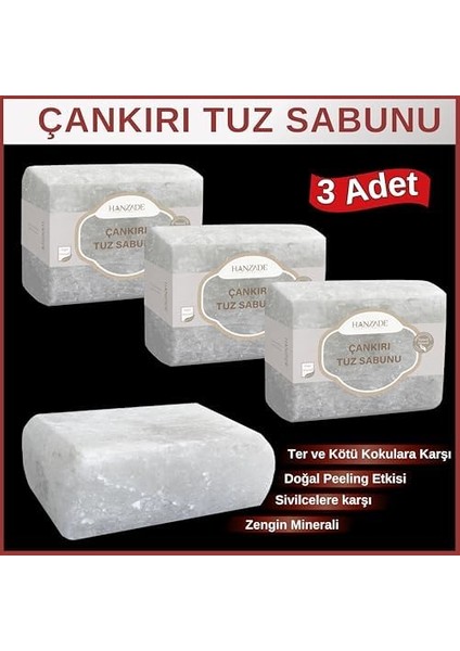 Hanzade Bitkisel Çankırı Tuz Sabunu 300-350 gr x 3 Adet Zengin Mineralli Doğal Saf Çankırı Kaya Tuzu Sabunu