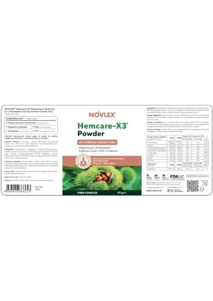 Novlex Hemcare-X3, Magnezyum, Lif Kompleksi ve At Kestanesi Toz (Powder) Içecek 171GR