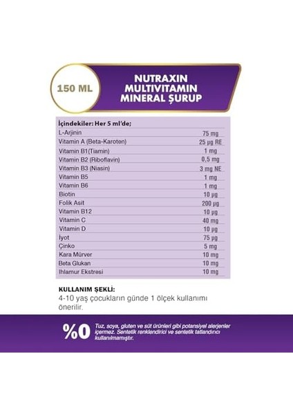 Nutraxin Kids Multivitamin Mineral Şurup 150 ml – 17 Vitamin ve Mineral, L-Arjinin, Kara Mürver, Beta Glukan, Çocuklar Için Bağışıklık ve Gelişim Desteği fiyatları