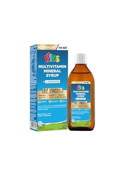 Nutraxin Kids Multivitamin Mineral Şurup 150 ml – 17 Vitamin ve Mineral, L-Arjinin, Kara Mürver, Beta Glukan, Çocuklar Için Bağışıklık ve Gelişim Desteği modelleri