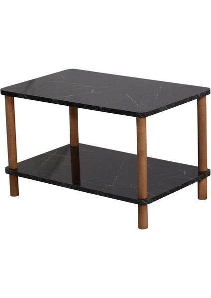 Orta Sehpa Dikdörtgen Ahşap Ayaklı Iki Katlı Gazetelikli - Siyah Mermer Desenli