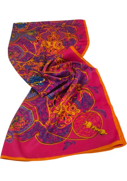 Vual Ipek Şal Karışık Desen Turuncu Fuşya