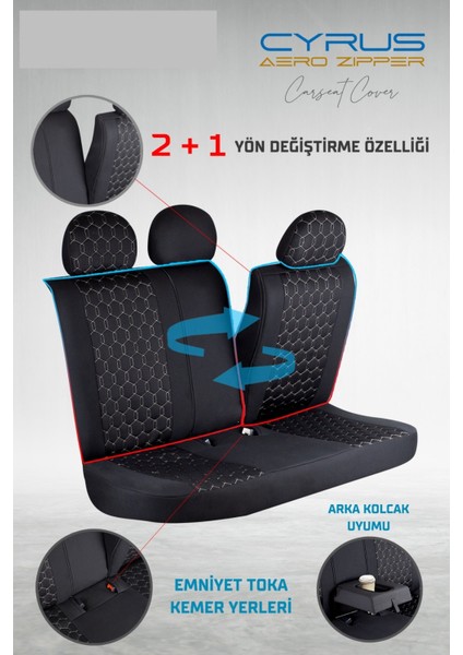 Opel Vectra C Deri Detaylı Oto Koltuk Kılıfı Ön Arka Set Cyrus Seri Siyah Beyaz Scr