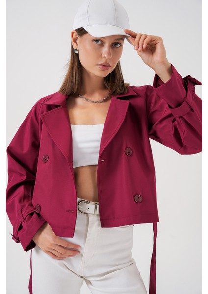 Kadın Kemerli Kısa Trençkot 5970 - Bordo