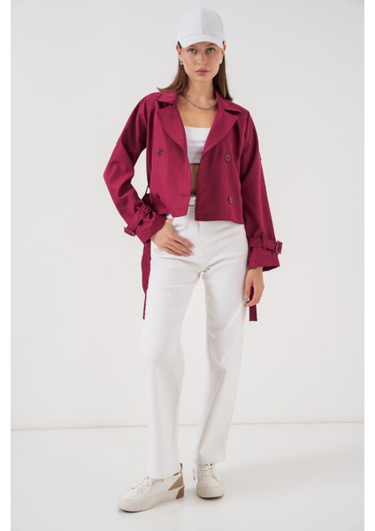 Kadın Kemerli Kısa Trençkot 5970 - Bordo fiyatları