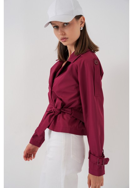 Kadın Kemerli Kısa Trençkot 5970 - Bordo modelleri