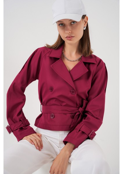 Kadın Kemerli Kısa Trençkot 5970 - Bordo fırsatları