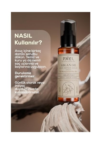 Pxel Saç Onarıcı Serum 75 ml | Yıpranmış Mat ve Kabaran Saçlar | Argan, Hindistan Cevizi Yağı, Vegan Saç Bakım Serumu