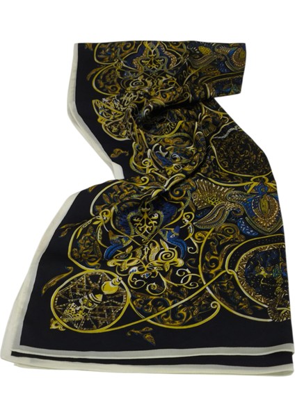 Vual Ipek Şal Karışık Desen Siyah Mavi Sarı