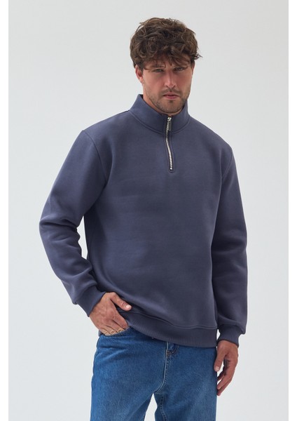 Erkek Oversize Yarım Fermuarlı Içi Polarlı Yumuşak Dokulu %100 Pamuk Sweatshirt