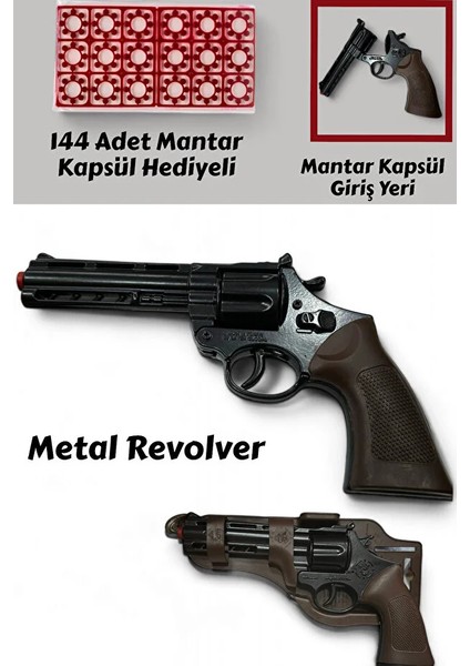 Metal Revolver Silah 25 cm Mantar Kapsül Atan Tabanca Revolver 144 Adet Kapsül Hediyeli