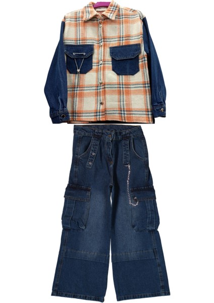 Kız Çocuk Turuncu Renk Kareli Oduncu Gömlek ve Bol Paça Kot Pantolon Ikili Takım