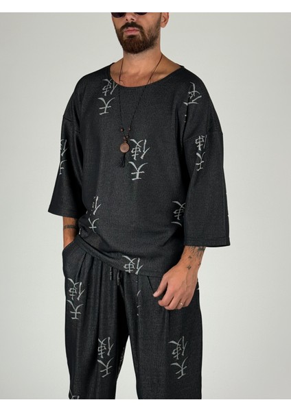 Erkek Chinese Desenli Fakir Kol Oversize T-Shirt COC2566
