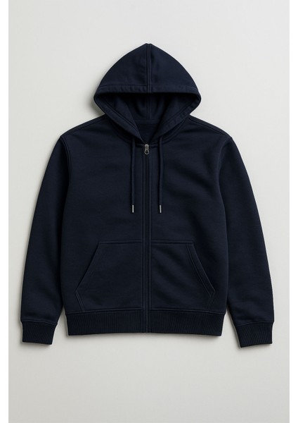 Erkek Fermuarlı Kapüşonlu Cepli Lacivert Sweatshirt