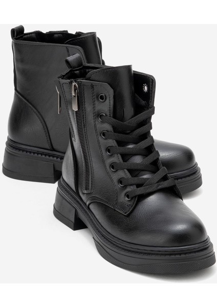 Kadın Sade Çift Fermuarlı Postal Siyah Cilt