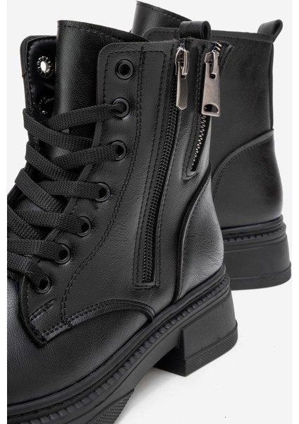 Kadın Sade Çift Fermuarlı Postal Siyah Cilt modelleri