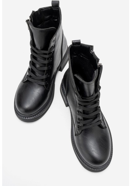 Kadın Sade Çift Fermuarlı Postal Siyah Cilt