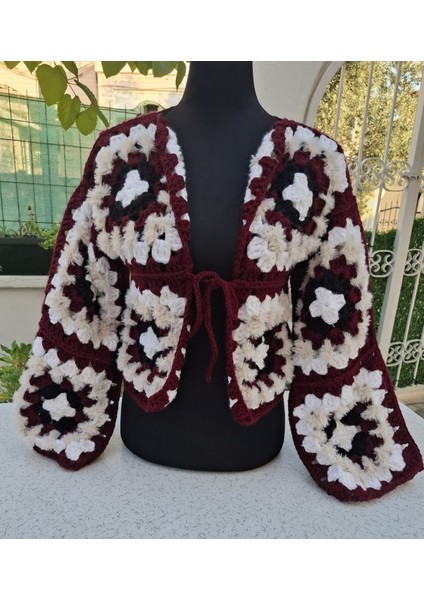 Kısa Kesim Bordo Koton Iplik Motifli Bolero Hırka-Bordo Siyah Krem Renginde Bağlamalı El Örgüsü Kısa Bolero fiyatları