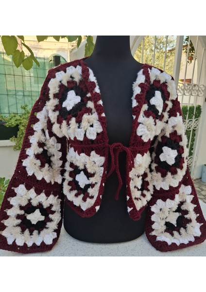 Kısa Kesim Bordo Koton Iplik Motifli Bolero Hırka-Bordo Siyah Krem Renginde Bağlamalı El Örgüsü Kısa Bolero indirimleri
